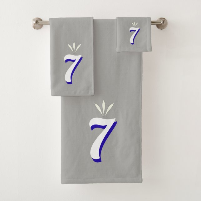 Lucky Number Seven Monogram on Silver Grey Bath Towel Set (Insitu)