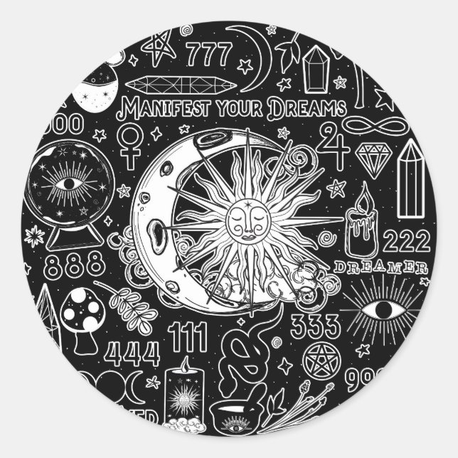 Lucky Numerology Manifesting Magic Black White  Classic Round Sticker (Front)