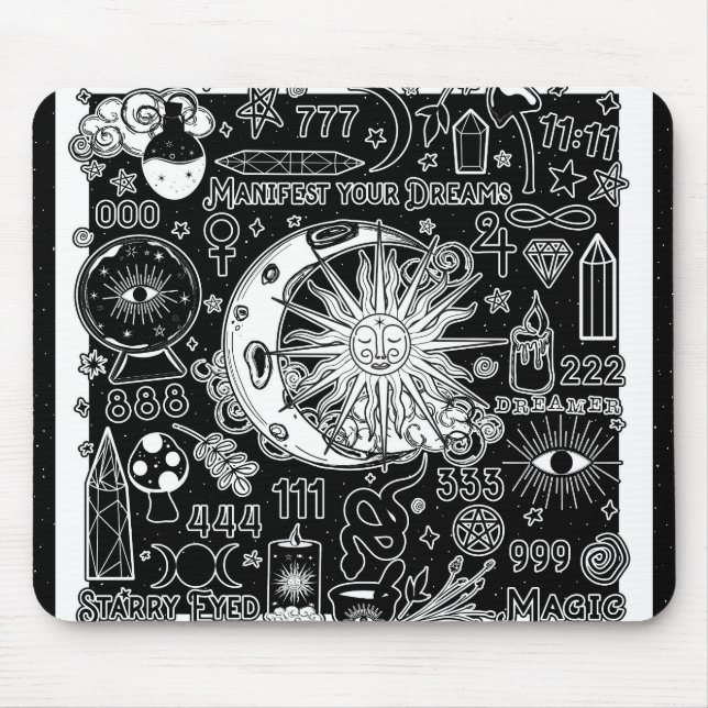 Lucky Numerology Manifesting Magic Black & White  Mouse Mat (Front)