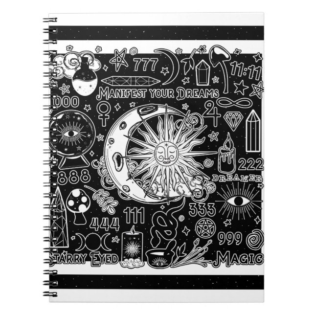 Lucky Numerology Manifesting Magic Black & White  Notebook (Front)