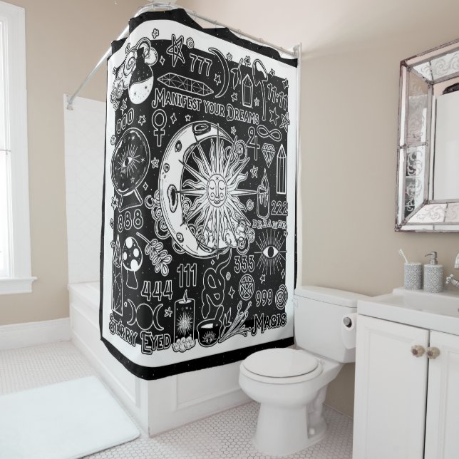 Lucky Numerology Manifesting Magic Black & White  Shower Curtain (In Situ)