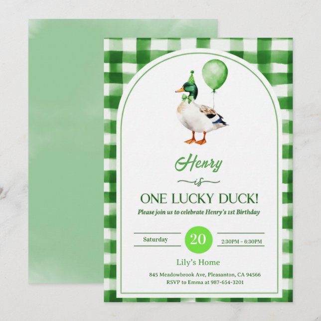 Lucky One 1st Birthday Invitation Duck & Shamrock (Front/Back)