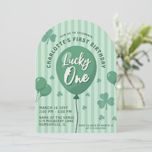 Lucky One 1st Birthday St Patricks Day Balloon Invitation (Standing Front)