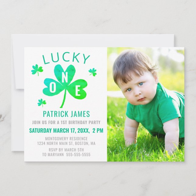 Lucky One 1st Birthday Watercolor Shamrock Photo Invitation (Front)