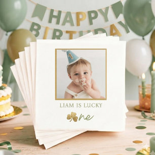 Lucky One Boy First Birthday Photo Napkins