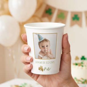Lucky One Boy First Birthday Photo Paper Cups - Sa