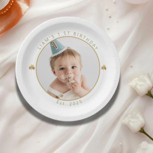 Lucky One Boy First Birthday Photo Paper Plates