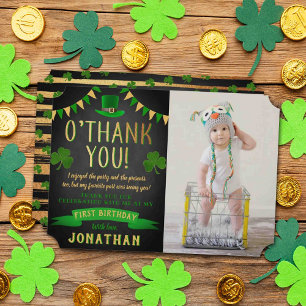 Lucky One Chalkboard 1st Birthday Photo Thank You Card