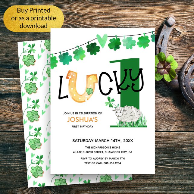 Lucky One First Birthday Shamrock and Sheep Invitation (Lucky One First Birthday Spring Lamb Invitation)