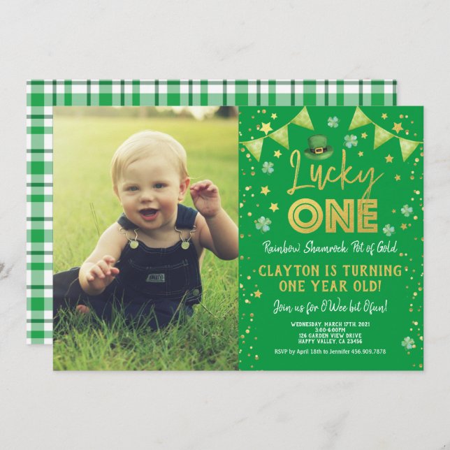 Lucky One First Birthday St Patrick's Day Photo Invitation (Front/Back)