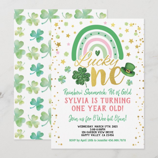 Lucky One Girl First Birthday St Patrick's Day Invitation (Front/Back)