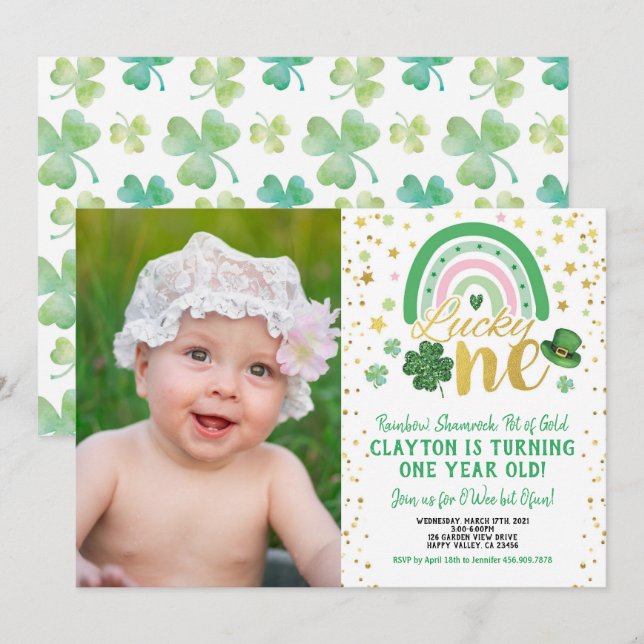 Lucky One Girl First Birthday St Patrick's Photo Invitation (Front/Back)