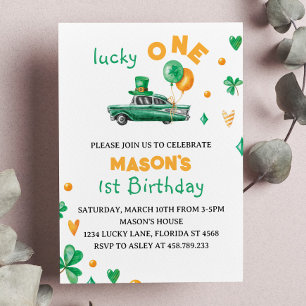Lucky One Green Four Leaf Clover Birthday  Invitation