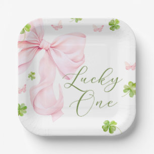 Lucky One Pink Bow 1st Birthday Paper Plate