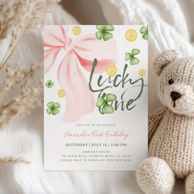 Lucky One Pink Bow St. Patrick's Girl 1st Birthday Invitation (Creator Uploaded)