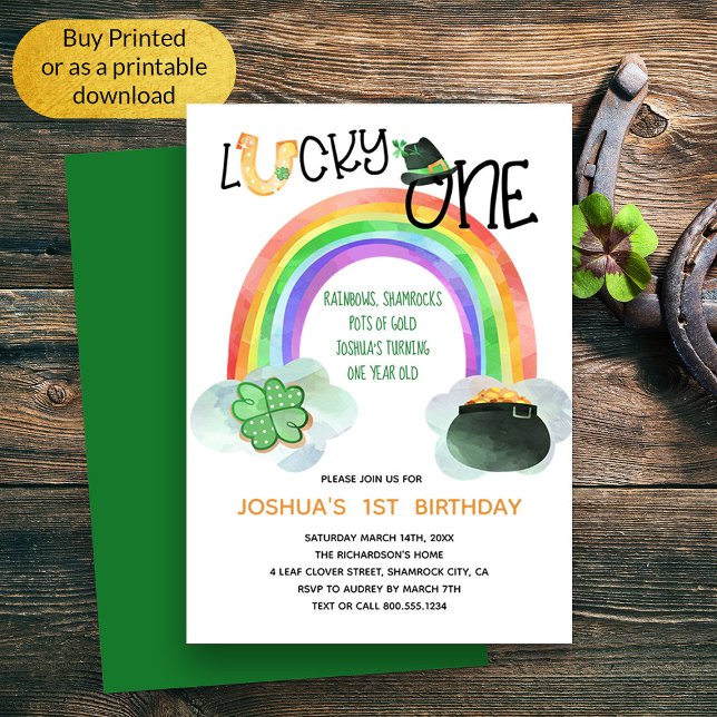 Lucky One Rainbow Shamrock Pot of Gold Birthday Invitation (Lucky One Whimsical Irish Themed First Birthday Invitation)