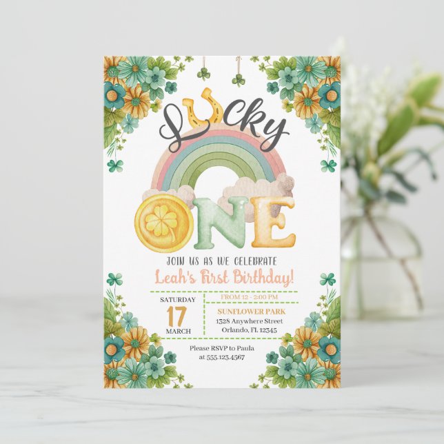 Lucky One Rainbow Sunflower First Birthday Invitation (Standing Front)