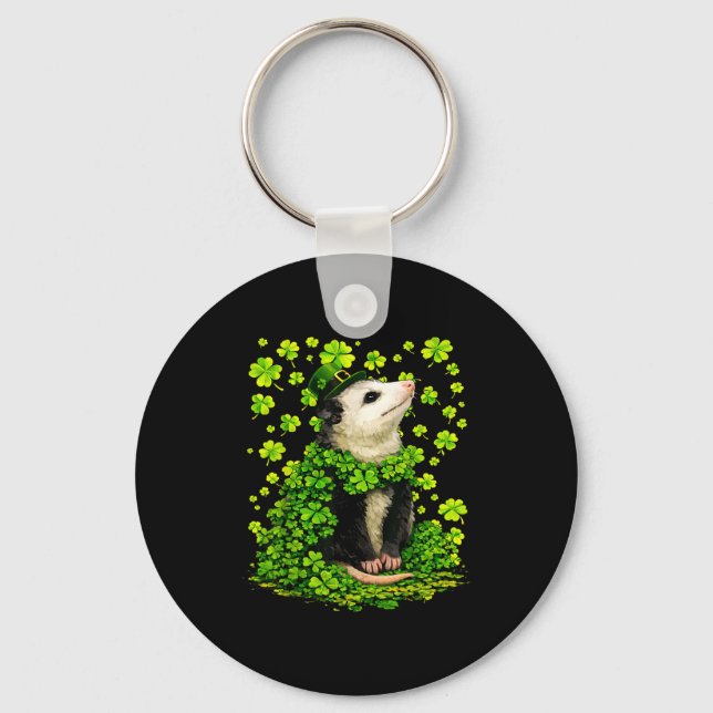 Lucky opossum with shamrocks clovers st patricks key ring (Front)