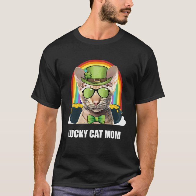 Lucky Oriental Cat Mom St Patricks Day T-Shirt (Front)