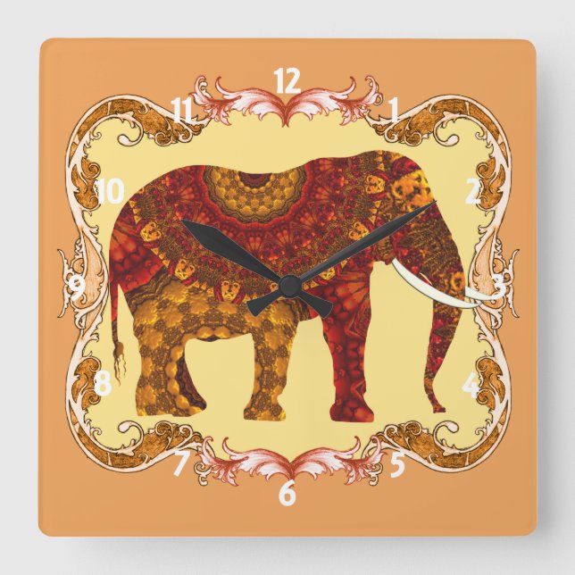 Lucky Ornate Patterned Indian Elephant Square Wall Clock (Front)