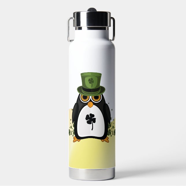Lucky Penguin Four Leaf Clover St. Patrick's Day Water Bottle (Front)