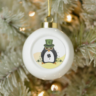 Lucky Penguin St. Patrick's Day Irish Clover Ceramic Ball Christmas Ornament