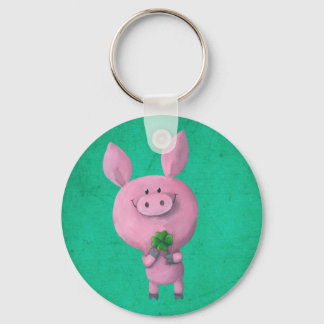 Lucky pig with lucky four leaf clover key ring