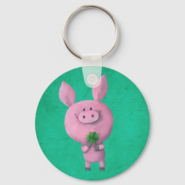 Lucky pig with lucky four leaf clover key ring (Front)