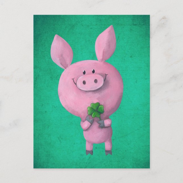 Lucky pig with lucky four leaf clover postcard (Front)
