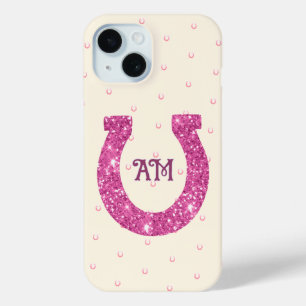 Lucky Pink Glitter Horseshoe Name Initials iPhone 15 Case