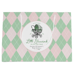 Lucky Pink Little Shamrock Argyle Baby Shower Large Gift Bag