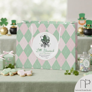 Lucky Pink Little Shamrock Argyle Baby Shower Large Gift Bag