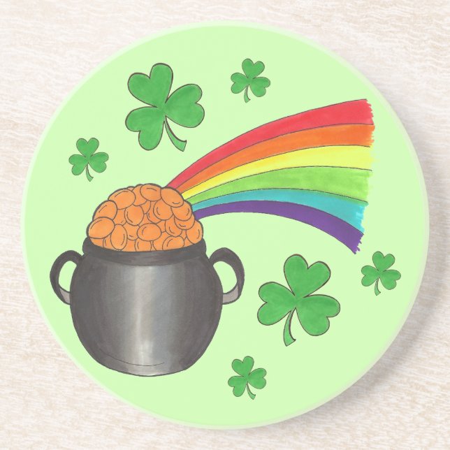 Lucky Pot of Gold Shamrock St. Patrick's Day Green Coaster (Front)
