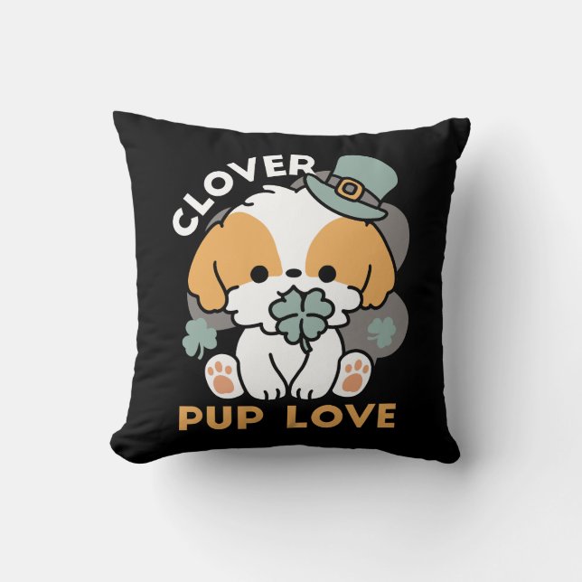 Lucky Pup with Clover – St. Patrick's Day Gift Cushion (Front)