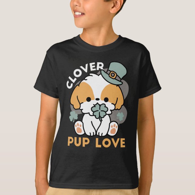 Lucky Pup with Clover – St. Patrick's Day Gift T-Shirt (Front)