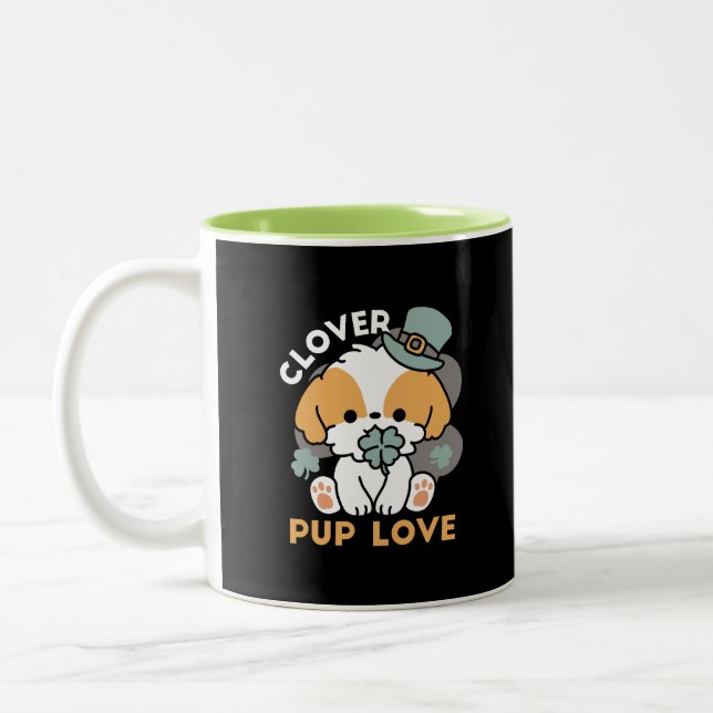 Lucky Pup with Clover – St. Patrick's Day Gift Two-Tone Coffee Mug (Left)
