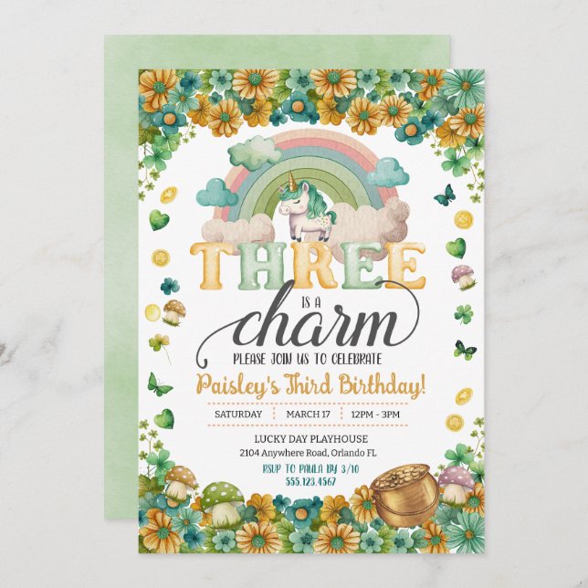 Lucky Rainbow Unicorn Three Is A Charm Birthday Invitation (Front/Back)