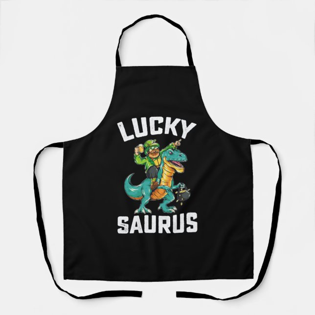 Lucky Saurus Dinosaur T Rex St Patrick's Day Apron (Front)