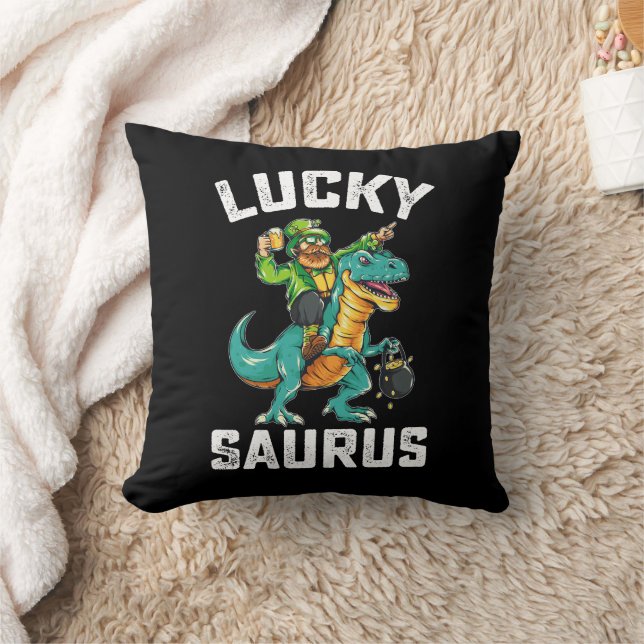Lucky Saurus Dinosaur T Rex St Patrick's Day Cushion (Blanket)