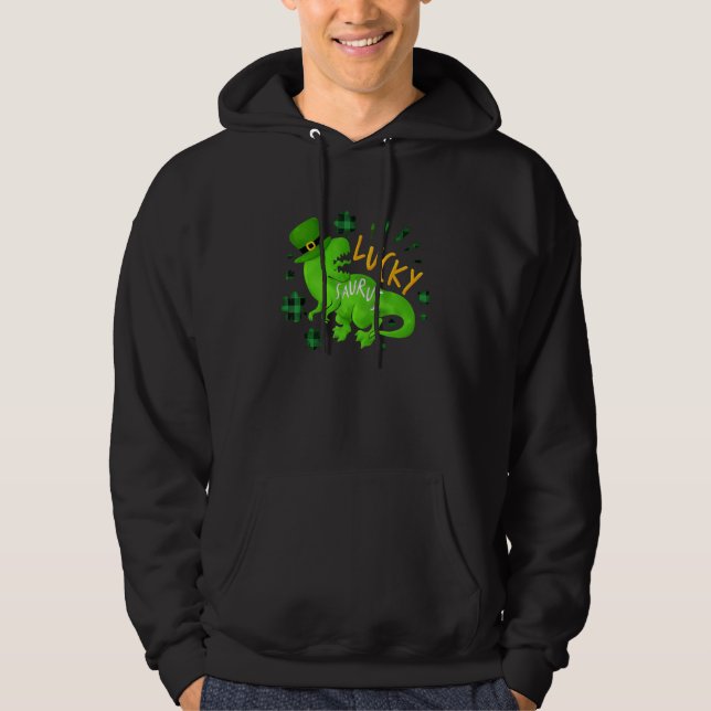 Lucky Saurus Shamrock Buffalo Plaid Dinosaur St Pa Hoodie (Front)