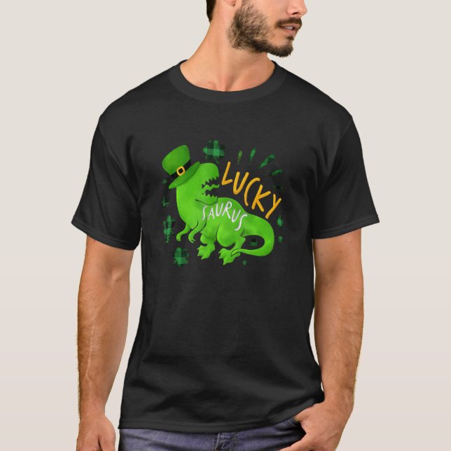 Lucky Saurus Shamrock Buffalo Plaid Dinosaur St Pa T-Shirt (Front)
