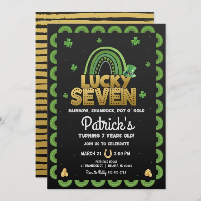 Lucky Seven Birthday Invitation St Patty's Day (Front/Back)