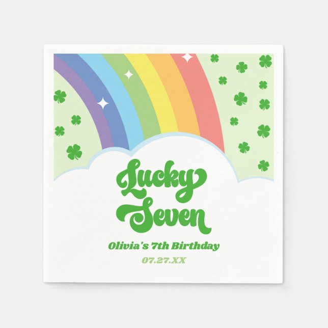 Lucky Seven Rainbow Clovers 7th Birthday Party Napkin (Front)