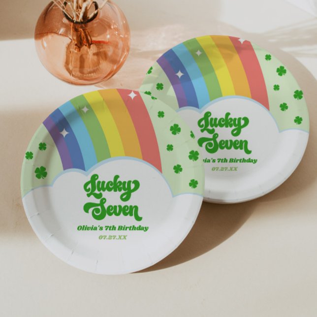 Lucky Seven Rainbow Clovers 7th Birthday Party Paper Plate (Creator Uploaded)