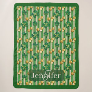 Lucky Shamrock Clover Green Stripe Gold Coin Irish Sherpa Blanket