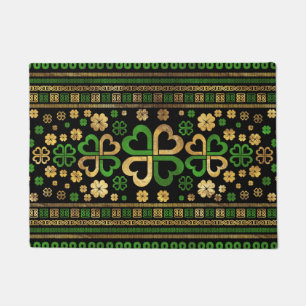 Lucky Shamrock Four-leaf Clover Green and Gold Doormat