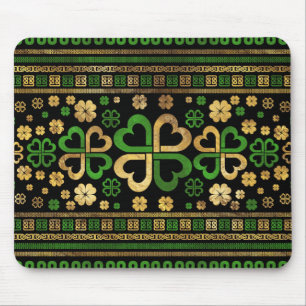 Lucky Shamrock Four-leaf Clover Green and Gold Mouse Mat