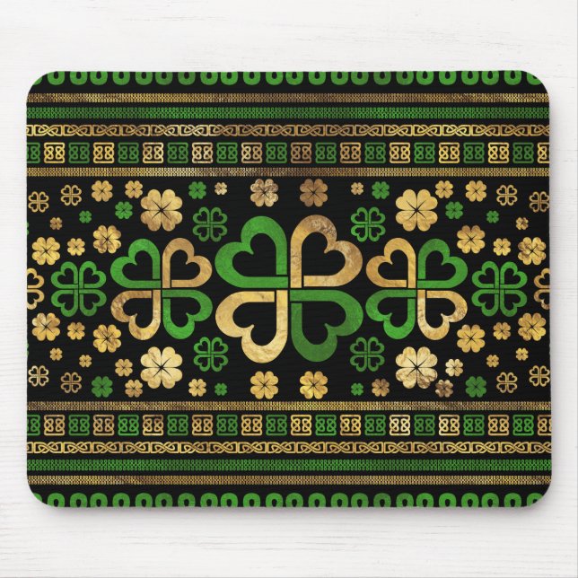 Lucky Shamrock Four-leaf Clover Green and Gold Mouse Mat (Front)