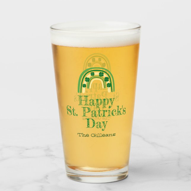 lucky Shamrock horseshoe St Patricks Day Beer Glass (Front Filled)