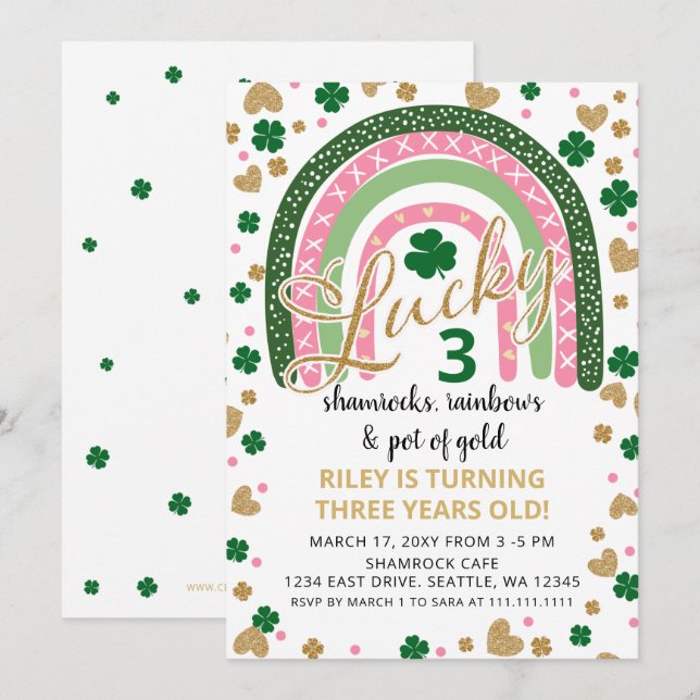 Lucky Shamrock Rainbow St Patrick Girl Birthday  Invitation (Front/Back)